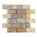Scabos Travertine 2"x4" Brick Honed on 12" x 12" Mesh Mosaic Tile