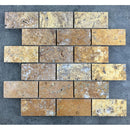 Scabos Travertine 2"x4" Brick Honed on 12" x 12" Mesh Mosaic Tile