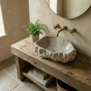 Handcrafted Grey Travertine Stone Vessel Bathroom Sink With Natural Shape