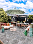 Silver Shadow Marble Tumbled Pavers - Full Truckload bohem patio with colorful furniture wide view