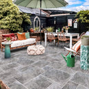 Silver Shadow Marble Tumbled Pavers - Full Truckload bohem patio with colorful furniture