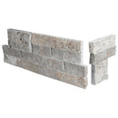 Silver splitface ledger corner 6X18 natural travertine wall tile LPNLTSIL618COR product shot multiple tiles angle view