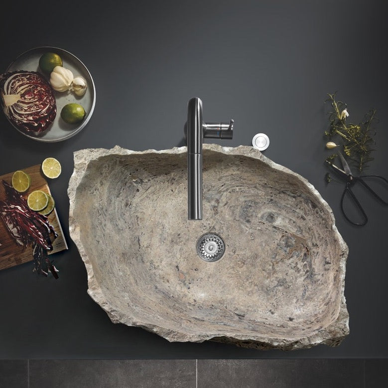 Silver Travertine Rustic Natural Stone Above Vanity Random Shape Sink installed kitchen on a andesite countertop garlic, lime , red cabbage