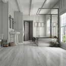 SPC Vinyl Rigid Core 9" Width 60" RL, 7mm Thick, 1.5mm IXPE Smoked Pewter Omnia Floors - Mazzia Collection Product shoot Washroom view