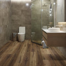 WPC Vinyl Rigid Core 7" Width 48" RL 8.5mm Thick, 1.5mm IXPE, Spanish Taupe, Bermuda Floors - Mazzia Collection bathroom view