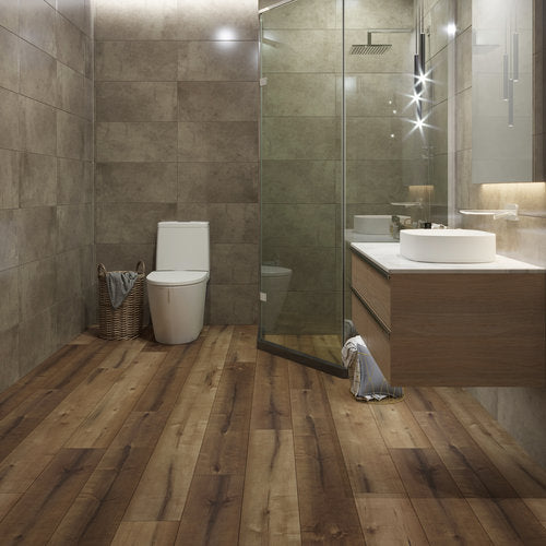WPC Vinyl Rigid Core 7" Width 48" RL 8.5mm Thick, 1.5mm IXPE, Spanish Taupe, Bermuda Floors - Mazzia Collection bathroom view