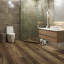 WPC Vinyl Rigid Core 7" Width 48" RL 8.5mm Thick, 1.5mm IXPE, Spanish Taupe, Bermuda Floors - Mazzia Collection bathroom view 2