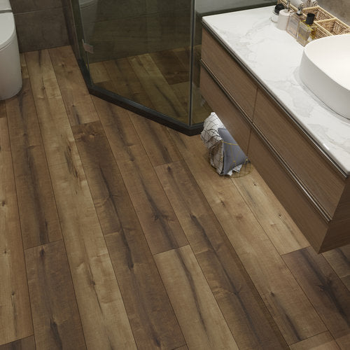WPC Vinyl Rigid Core 7" Width 48" RL 8.5mm Thick, 1.5mm IXPE, Spanish Taupe, Bermuda Floors - Mazzia Collection bathroom view 3