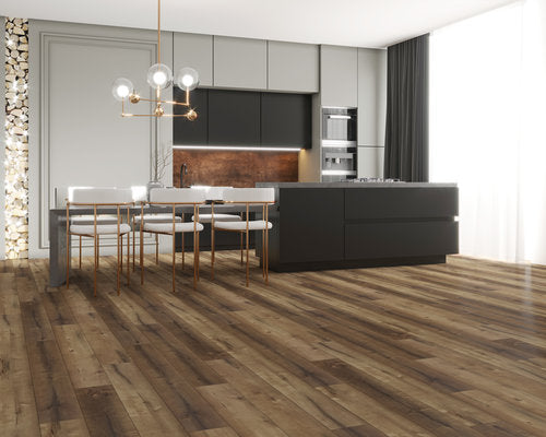 WPC Vinyl Rigid Core 7" Width 48" RL 8.5mm Thick, 1.5mm IXPE, Spanish Taupe, Bermuda Floors - Mazzia Collection living room view 3
