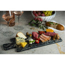 Toros Black genuine white marble serving board charcutorie platter product shot salami, pickles figs cheese on top