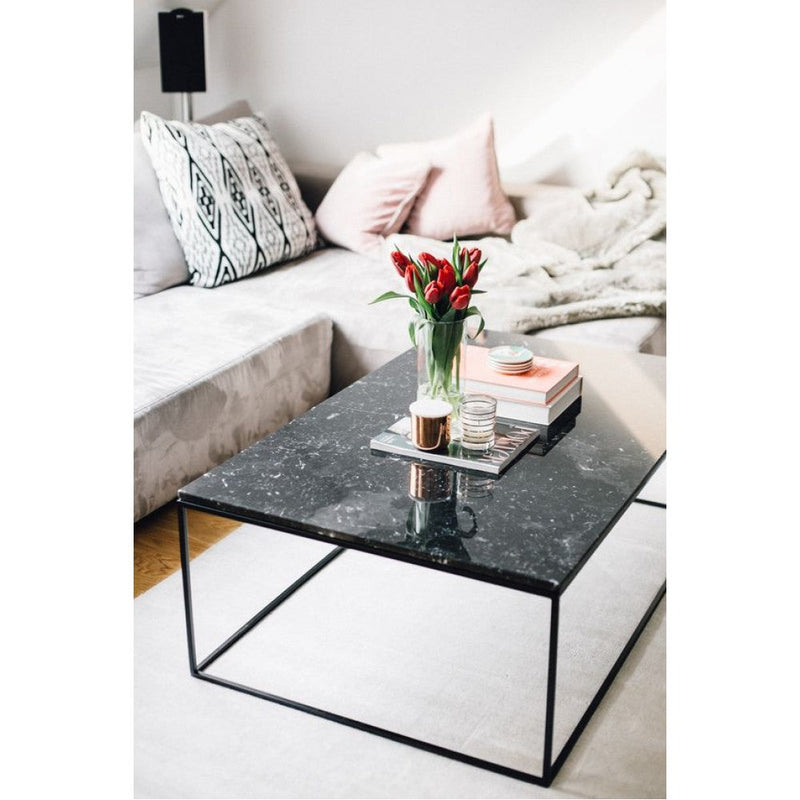 Toros Black marble coffee table 16x32 black paint legs living room view