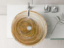 Traonyx Natural Stone Above Vanity Bathroom Sink Honed (D)16" (H)6" wooden vanity and chrome faucet bathroom top view