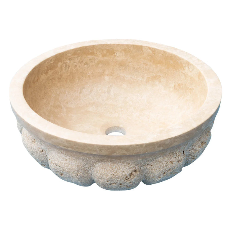 Troia Light Travertine Natural Stone Pumpkin Shape Above Vanity Bathroom Vessel Sink angle view