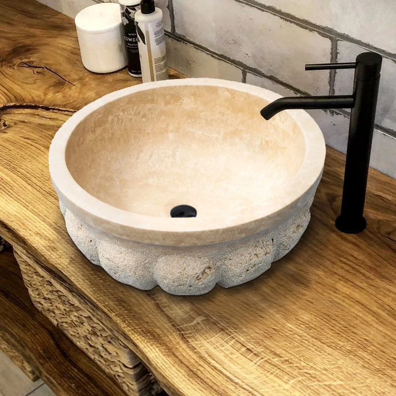 Troia Light Travertine Natural Stone Pumpkin Shape Above Vanity Bathroom Vessel Sink installed living edge wooden vanity black faucet bathroom