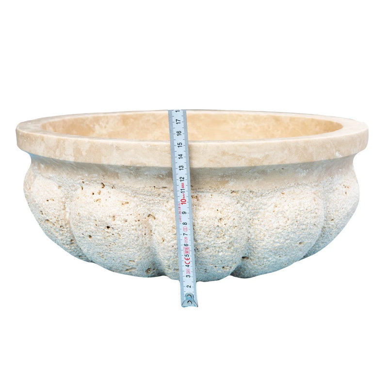 Troia Light Travertine Natural Stone Pumpkin Shape Above Vanity Bathroom Vessel Sink height measure view