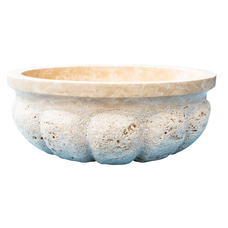 Troia Light Travertine Natural Stone Pumpkin Shape Above Vanity Bathroom Vessel Sink side view