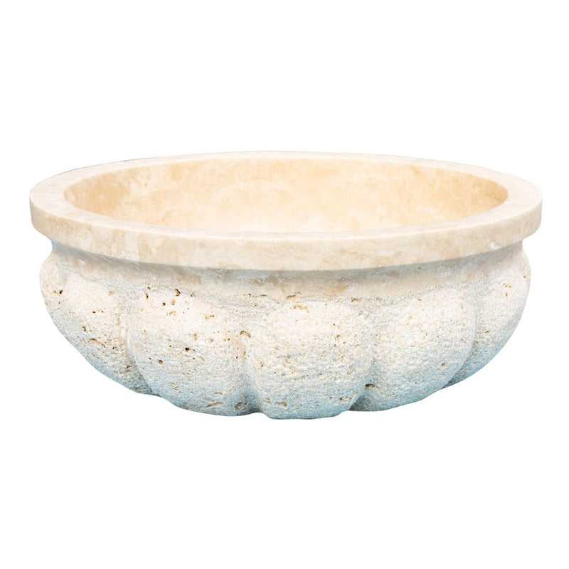 Troia Light Travertine Natural Stone Pumpkin Shape Above Vanity Bathroom Vessel Sink side view