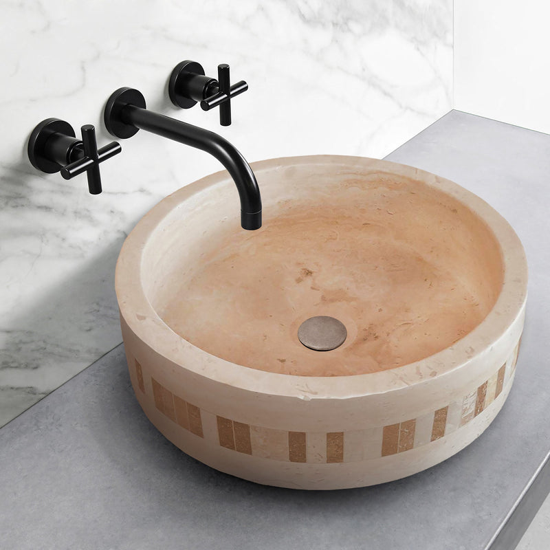 Troia Light Travertine Cylinder Above Vanity Bathroom Sink 2" Embedded Mosaics Border installed modern bathroom above marble vanity and marble wall tiles with black wall-mount faucet