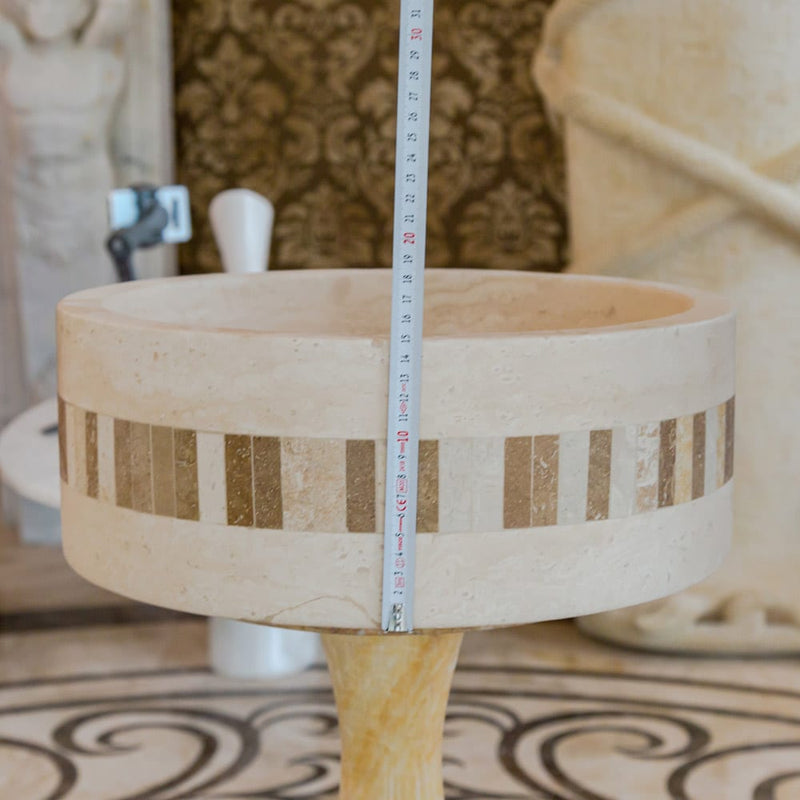 Troia Light Travertine Cylinder Above Vanity Bathroom Sink 2" Embedded Mosaics Border height measure view