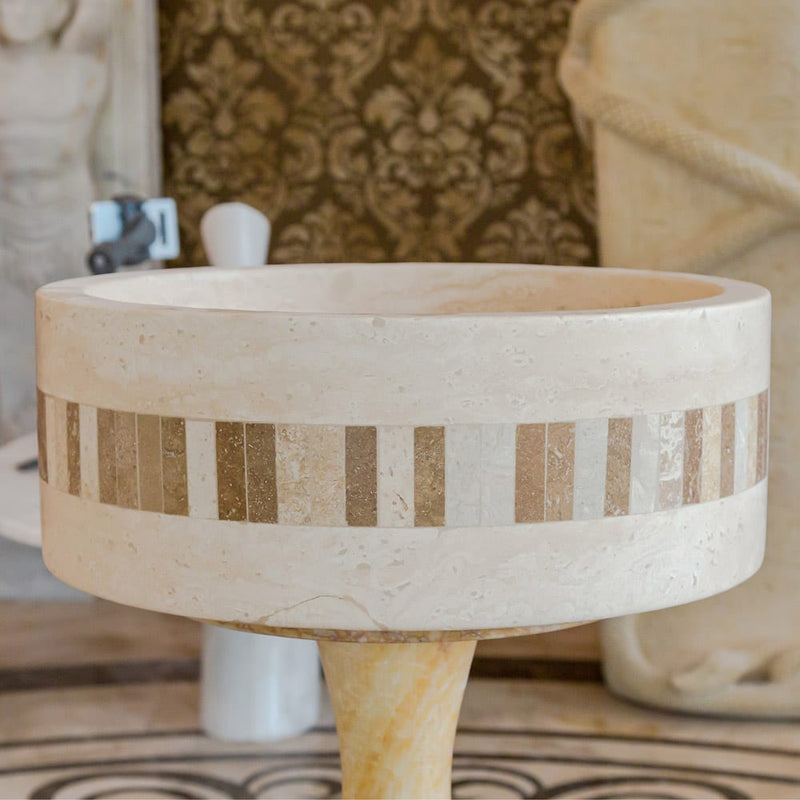 Troia Light Travertine Cylinder Above Vanity Bathroom Sink 2" Embedded Mosaics Border side view2