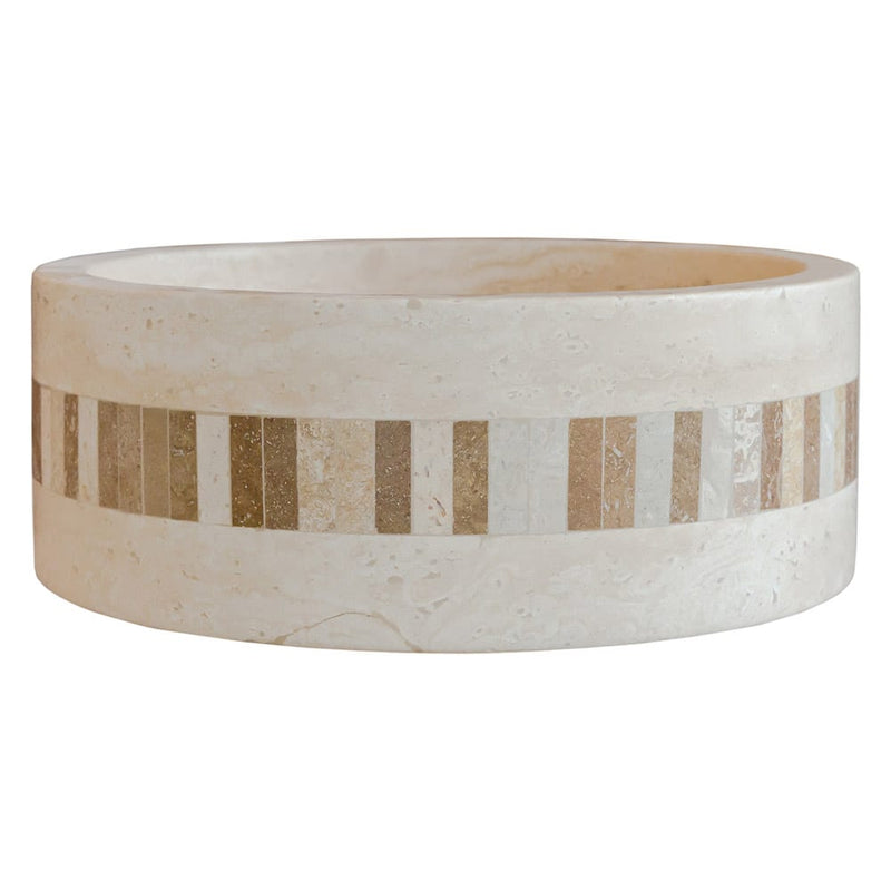 Troia Light Travertine Cylinder Above Vanity Bathroom Sink 2" Embedded Mosaics Border side view