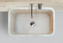 Troia Light Travertine Rectangular Farmhouse Kitchen Sink Honed (W)18" (L)30" (H)10" bathroom top view chrome modern faucet and wood backsplash