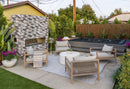 Tundra Gray Mix Ledger 3D Panel 6"x24" Split-face Marble Wall Tile - Full Truckload installed to outdoor wall around fireplace outdoor furniture wide view