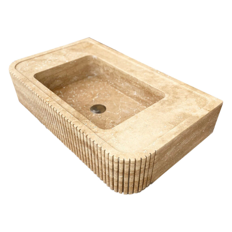 Tuscany Walnut Travertine Wall-mount Bathroom Vanity Sink Ribbed Textured Front angle view