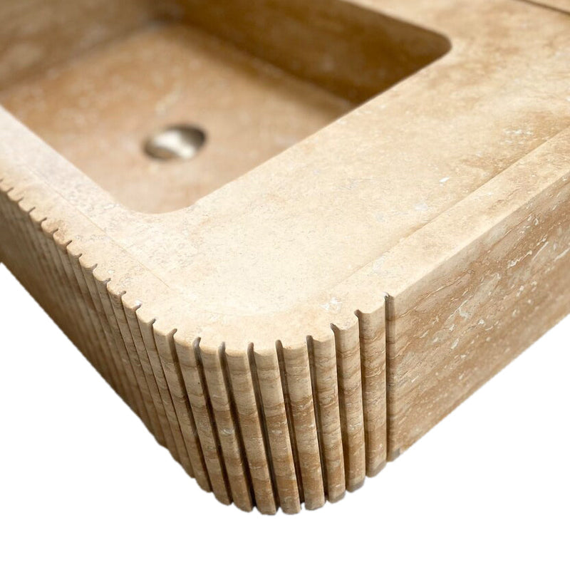 Tuscany Walnut Travertine Wall-mount Bathroom Vanity Sink Ribbed Textured Front edge close-up view