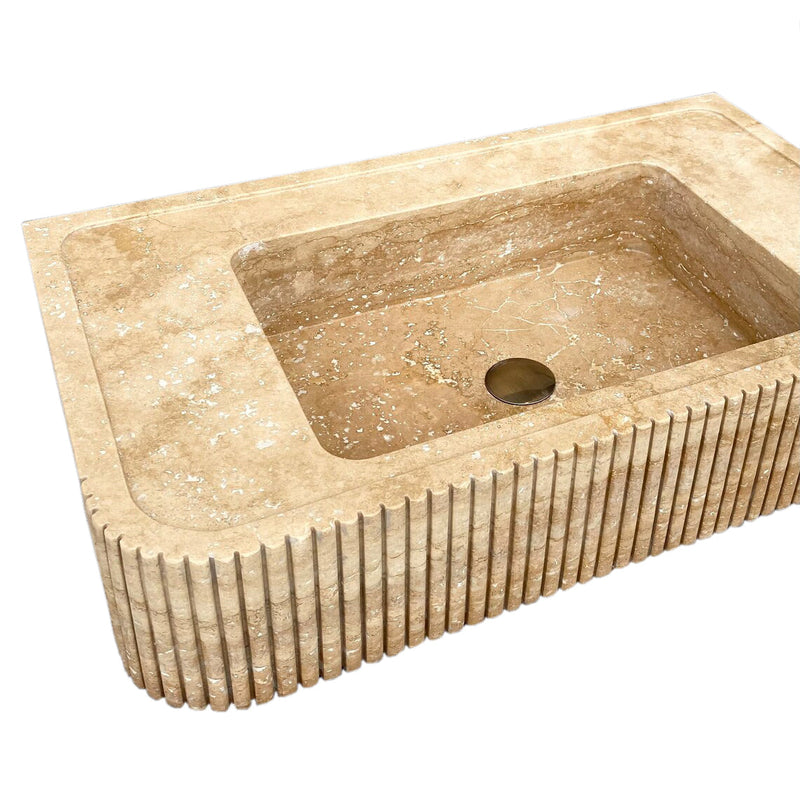 Tuscany Walnut Travertine Wall-mount Bathroom Vanity Sink Ribbed Textured Front edge view