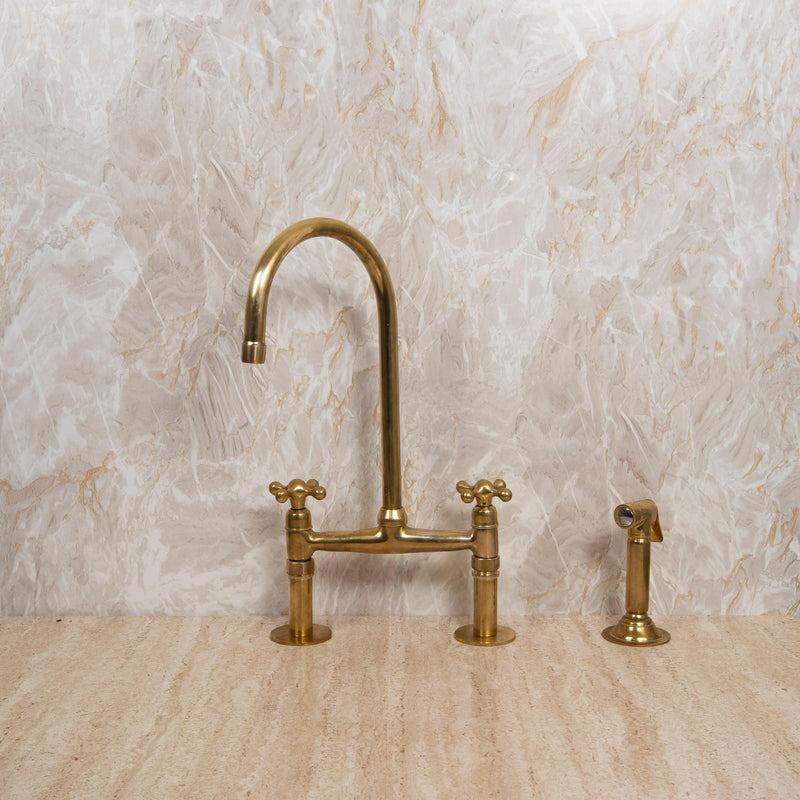 2 Hole Solid Brass Bridge Kitchen Faucet with Sprayer