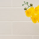 Urbano crema 3d mix glazed ceramic white textured subway tile 4x12 glossy NURBCREMIX4X12 room shot table view 5