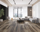 SPC Vinyl Rigid Core 7" Width 60" RL, 8mm Thick, 2mm IXPE Loft Umber, Bellator - Mazzia Collection living room view 2