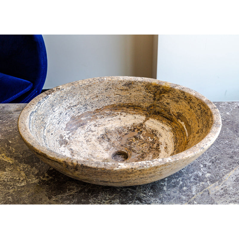 Valencia Travertine Natural Stone Above Vanity Oval Vessel Sink (W)16" (L)21" (H)6" angle view