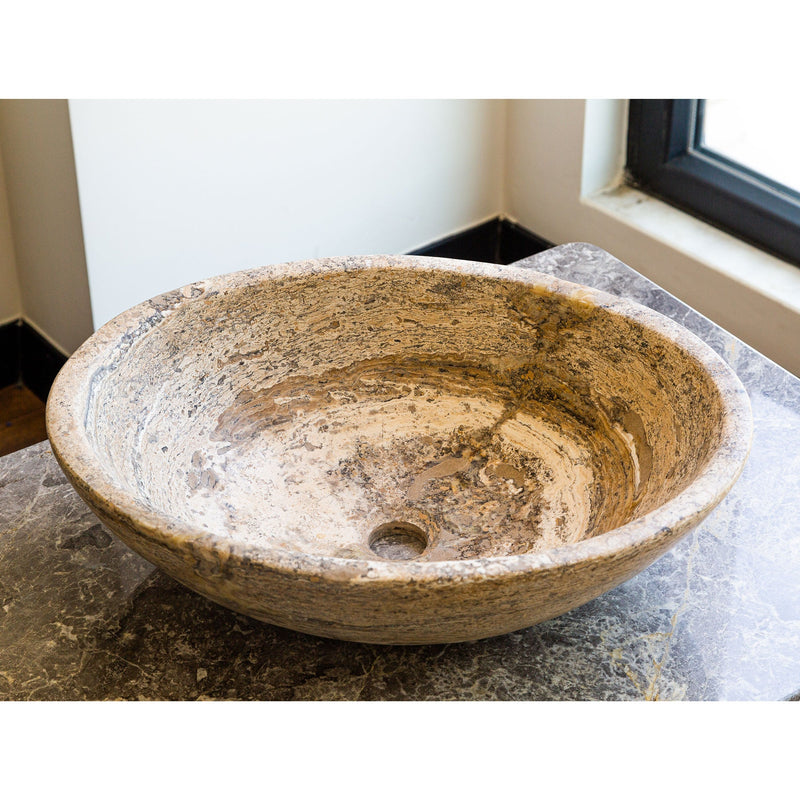 Valencia Travertine Natural Stone Above Vanity Oval Vessel Sink (W)16" (L)21" (H)6" angle view