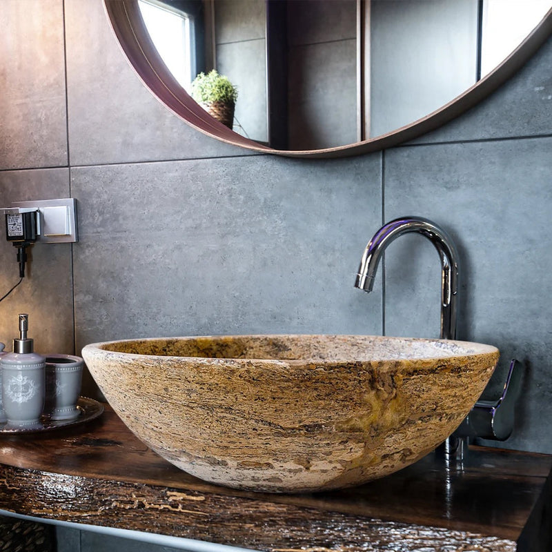 Valencia Travertine Natural Stone Above Vanity Oval Vessel Sink (W)16" (L)21" (H)6" installed bathroom above living edge wooden vanity ceramic wall tiles on the wall