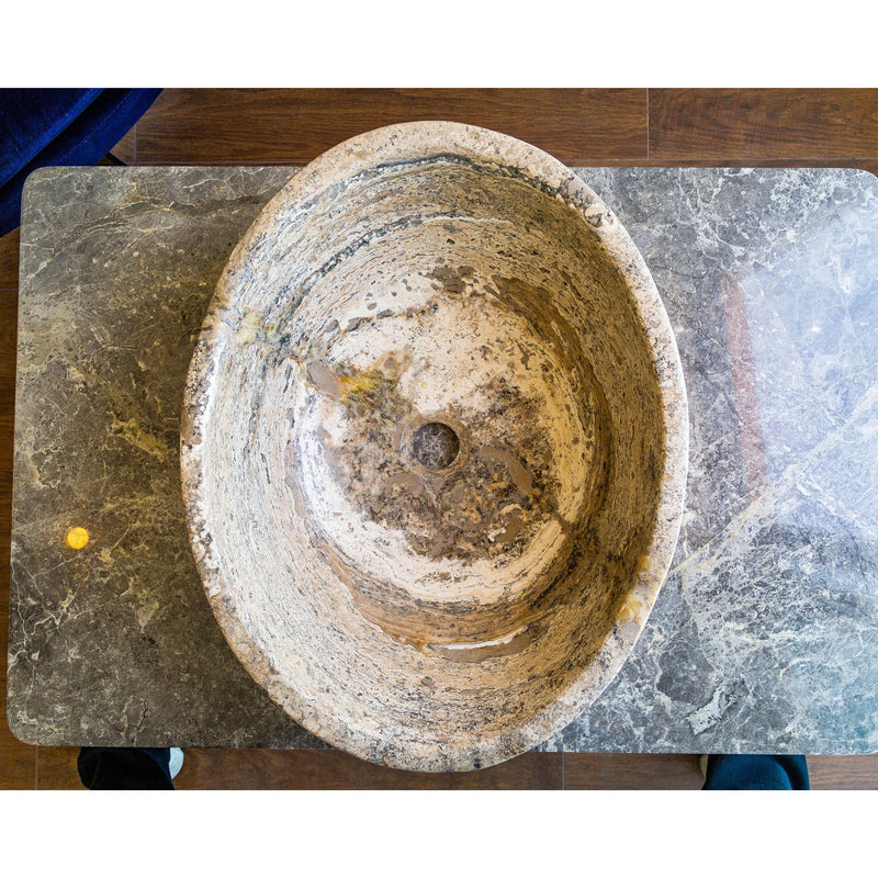 Valencia Travertine Natural Stone Above Vanity Oval Vessel Sink (W)16" (L)21" (H)6" top view