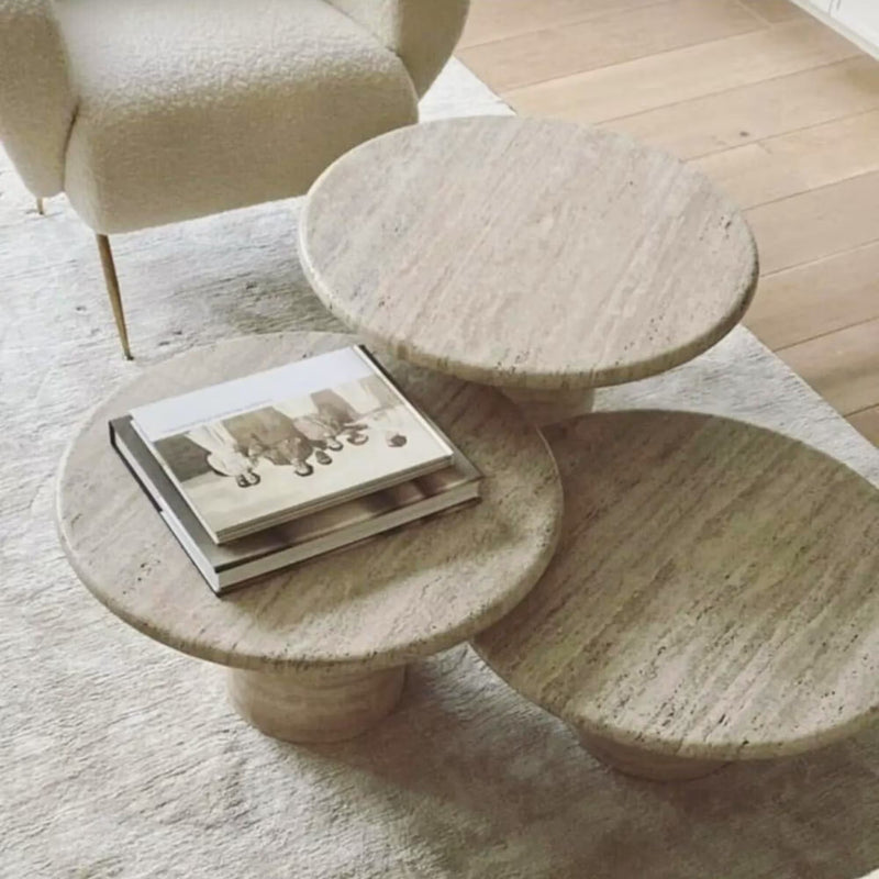 Valencia travertine round coffee table set vein cut filled polished room-scene