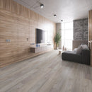 SPC Vinyl Rigid Core 7" Width 60" RL, 7mm Thick, 1.5mm IXPE Axiom Frost, Victorum Floors - Mazzia Collection living room view