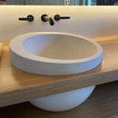 White Limestone Natural Stone Sloped Rim Above Vanity Bathroom Sink installed bathroom mounted inside wooden vanity black 8" faucet widespread