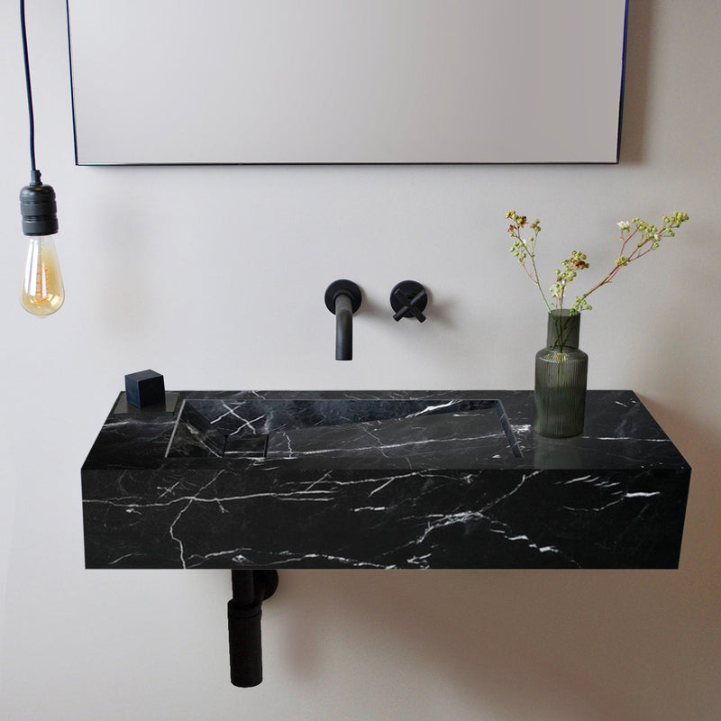 alexandrette Black Marble Vanity Wall-mount Bathroom Sink W18-L30-H7 hidden drain installed bathroom lamp hung from above black wall-mount faucet green vase and flower rectangular mirror on wall