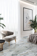 aqua white marble 24x24 polished installed on bright bedroom floor wide view