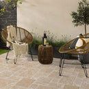 Aspendos Beige Travertine Pattern Tumbled Pavers -patio with 2 chairs and side table closeup view