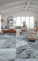 bardiglio exotic marble 24x24 installed on modern bright cabin living room floor closeup