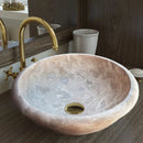 Beige Travertine Natural Stone Drop-in Bathroom Sink Honed and Filled (D)16" (H)6" brass faucet and drain cap bathroom view