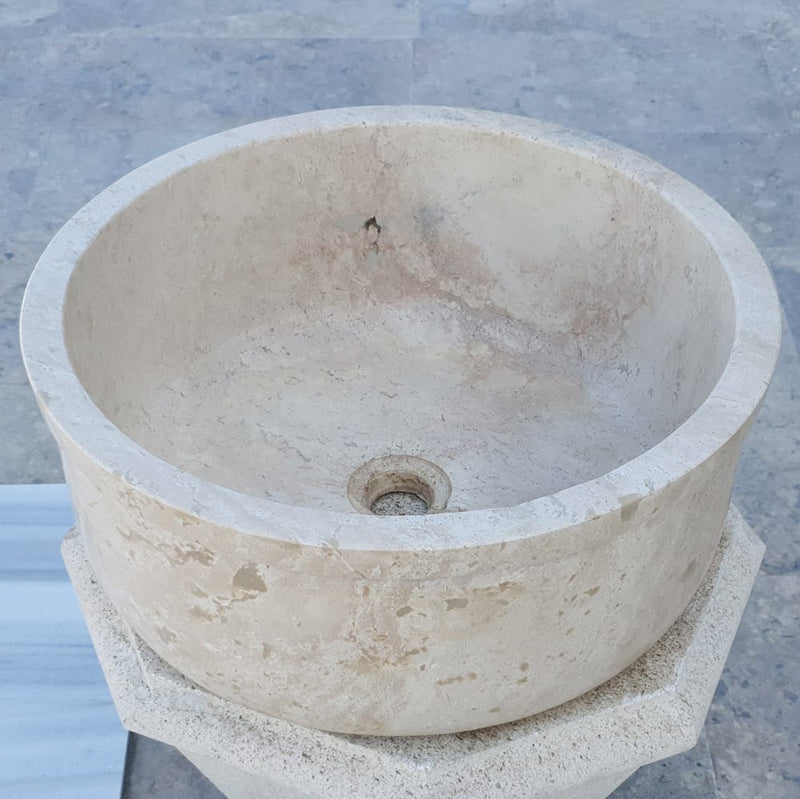 beige travertine vessel sink self rimming d16 h6.5 angle view