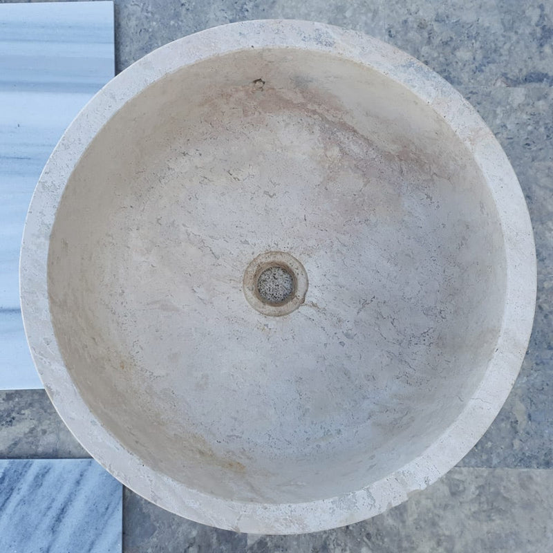 beige travertine vessel sink self rimming d16 h6.5 top view