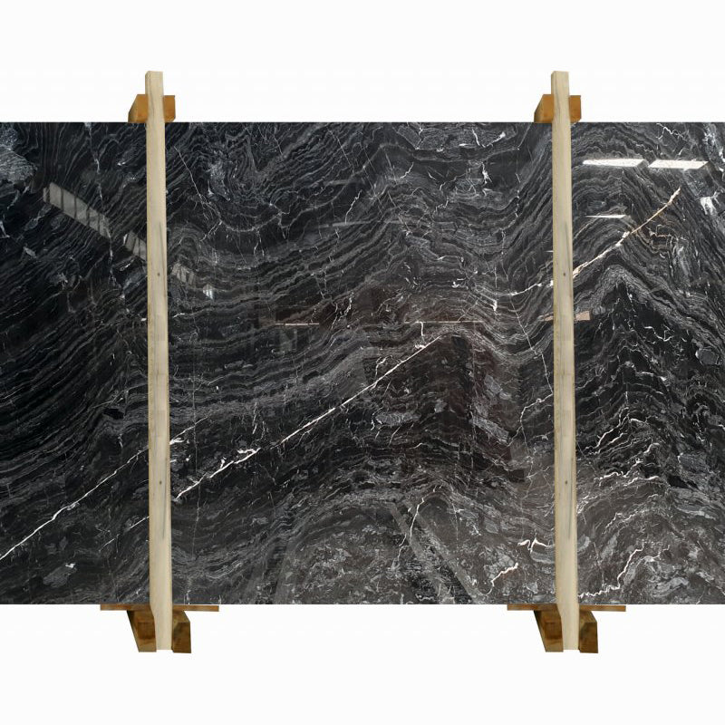 black wave marble slabs polished packed on wooden bundle product shot view