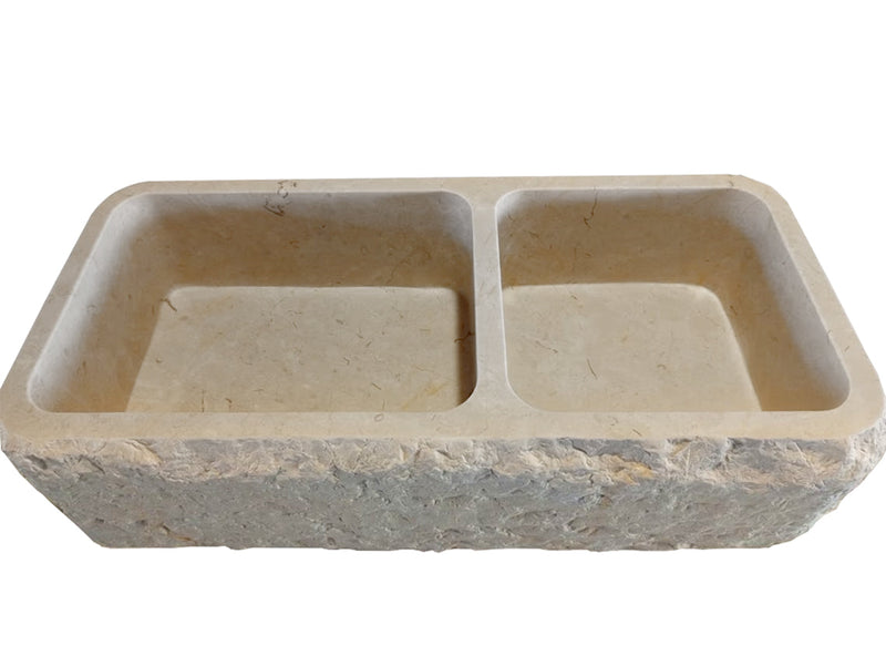 Botticino Beige Marble Farmhouse Apron Kitchen Double Sink (W)16" (L)32" (H)10" split face front angle view