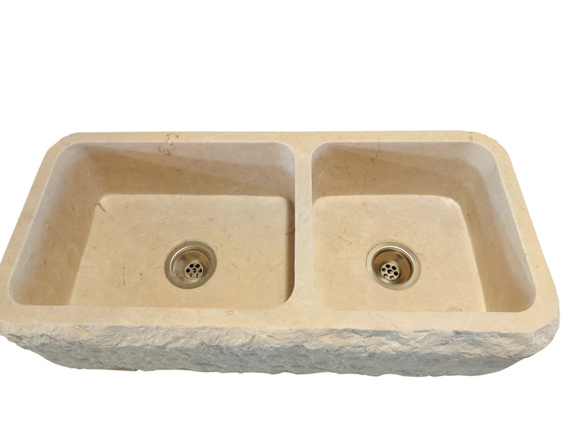 Botticino Beige Marble Farmhouse Apron Kitchen Double Sink (W)16" (L)32" (H)10" split face front top view